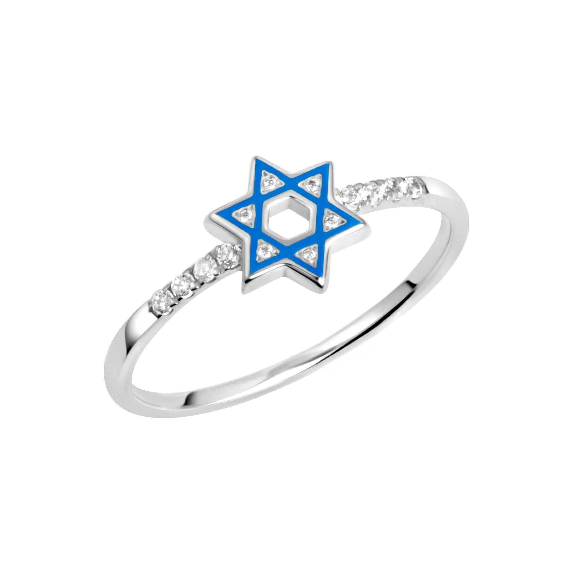Sterling Silver Blue Enamel Jewish Star of David Cubic Zirconia Ring