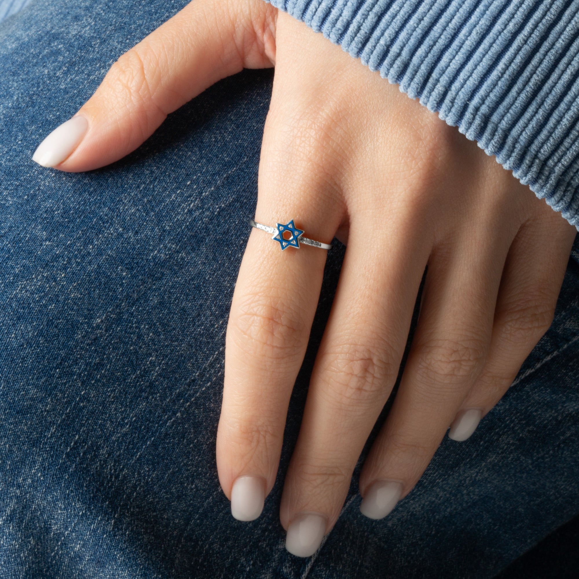 Sterling Silver Blue Enamel Jewish Star of David Cubic Zirconia Ring, view 2