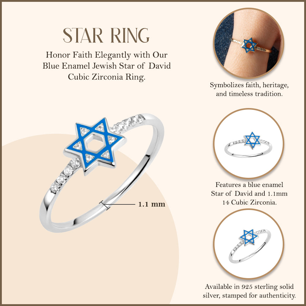 Sterling Silver Blue Enamel Jewish Star of David Cubic Zirconia Ring, view 3