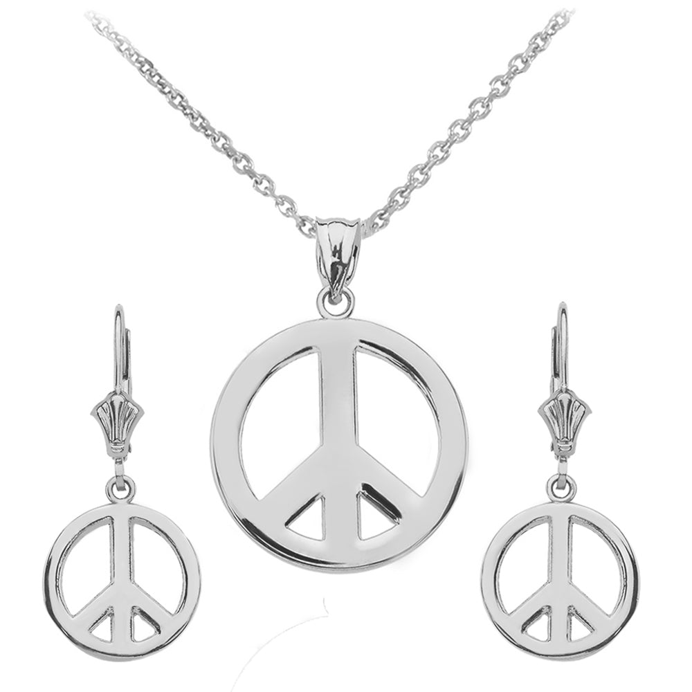 Sterling Silver Boho Peace Sign Necklace Earring Set
