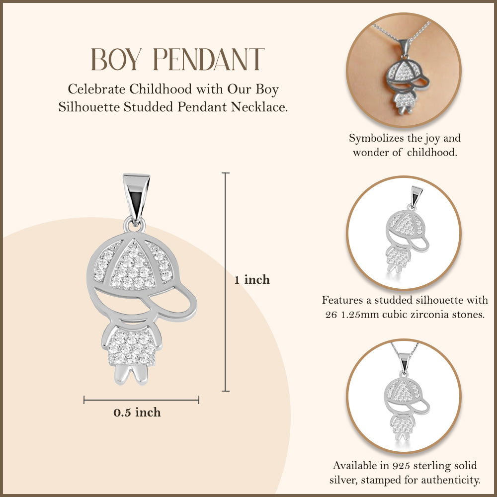 Sterling Silver Boy Silhouette Studded Pendant Necklace, view 3