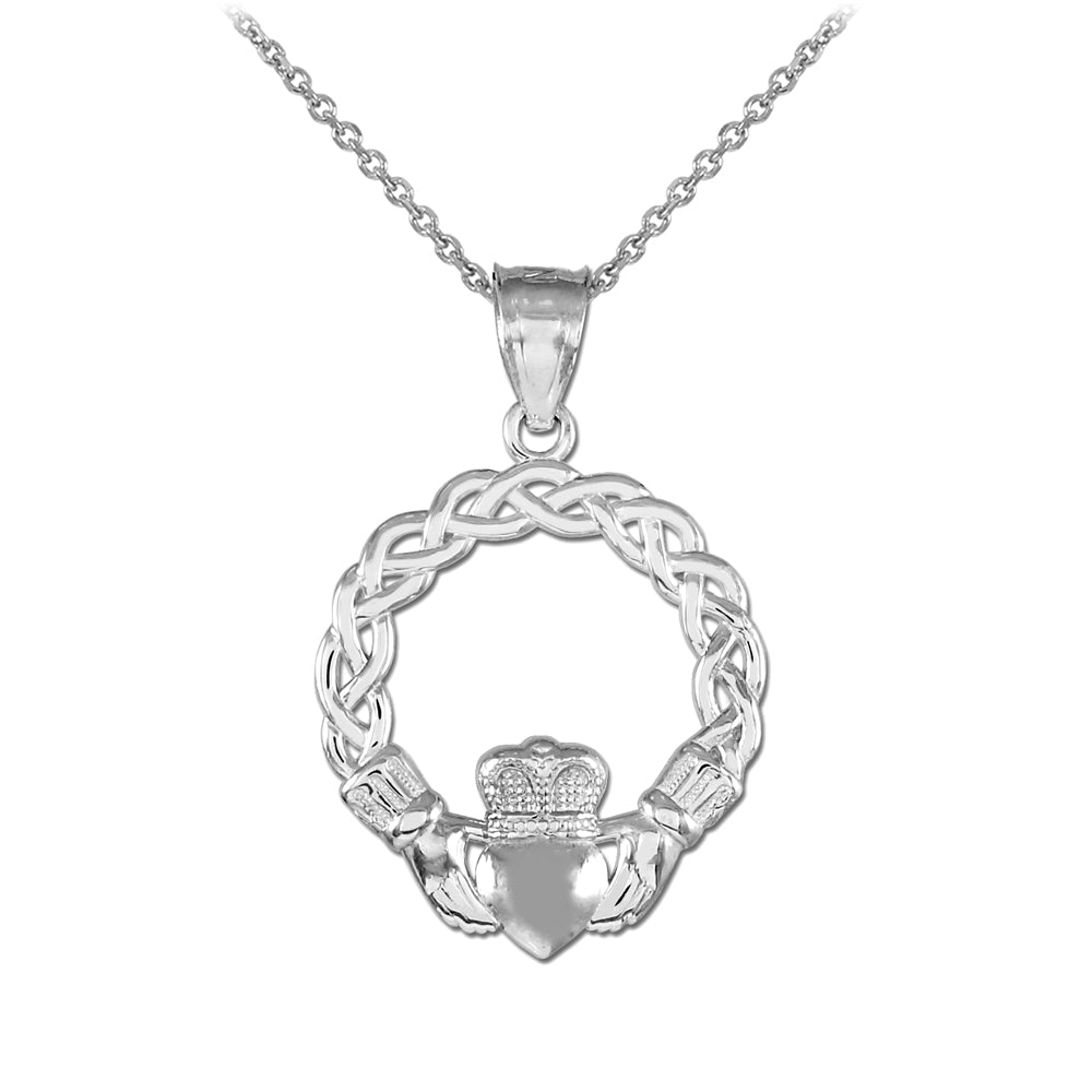 Sterling Silver Braided Claddagh Charm Pendant Necklace, view 3