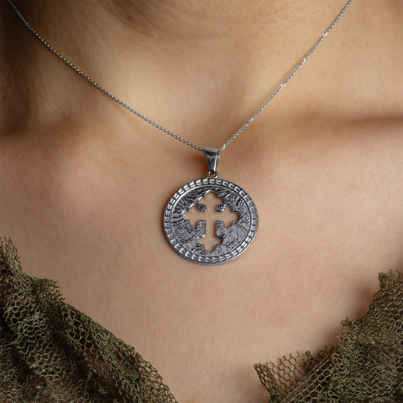 Sterling Silver Budded Cross Medallion Pendant Necklace, view 2