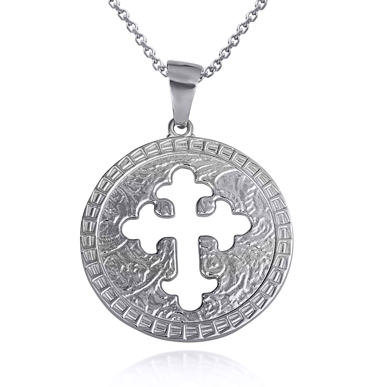 Sterling Silver Budded Cross Medallion Pendant Necklace, view 4