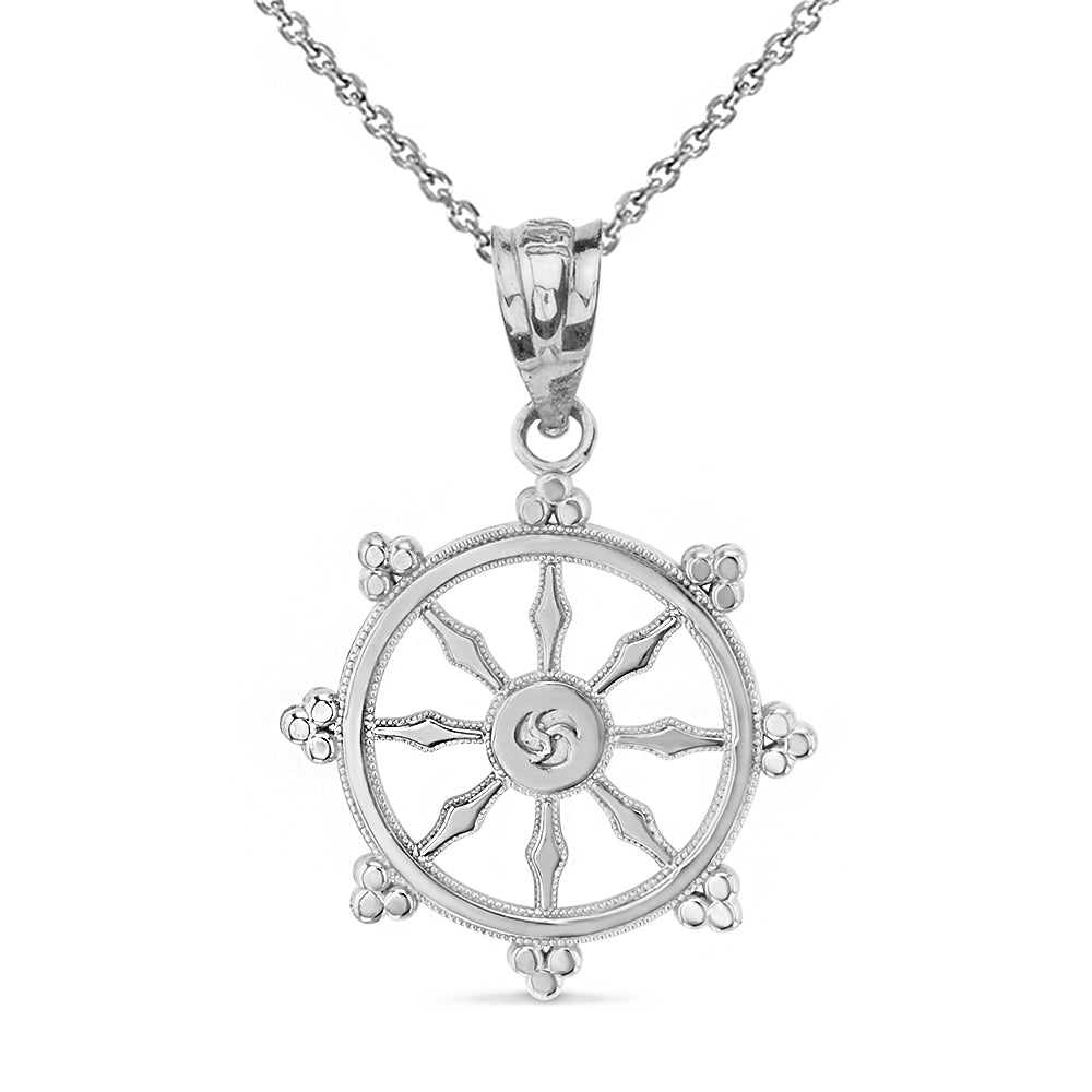 Sterling Silver Buddhism Dharmachakra Dharma Wheel Pendant Necklace