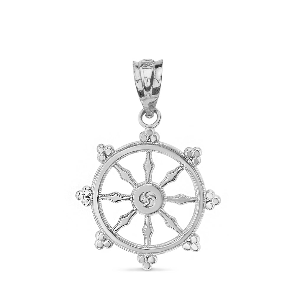 Sterling Silver Buddhism Dharmachakra Dharma Wheel Pendant Necklace, view 2