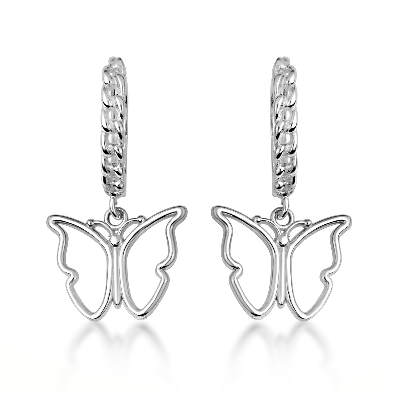 Sterling Silver Butterfly Nature Cuban Link Huggie Hoop Earrings