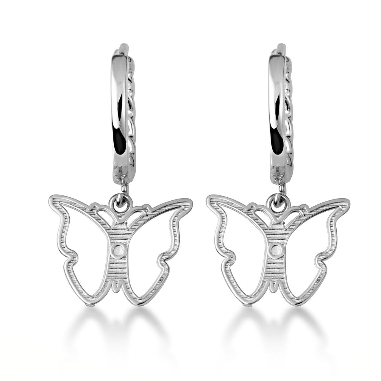 Sterling Silver Butterfly Nature Cuban Link Huggie Hoop Earrings, view 4