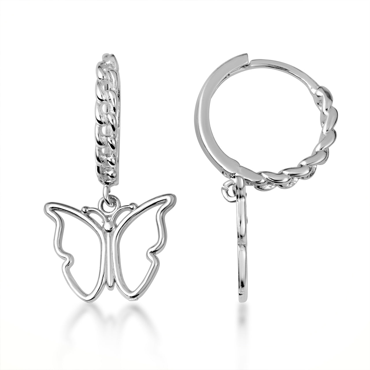Sterling Silver Butterfly Nature Cuban Link Huggie Hoop Earrings, view 5