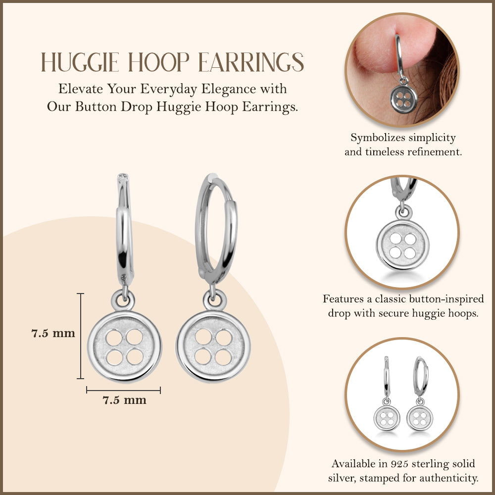 Sterling Silver Button Drop Huggie Hoop Earrings, view 3