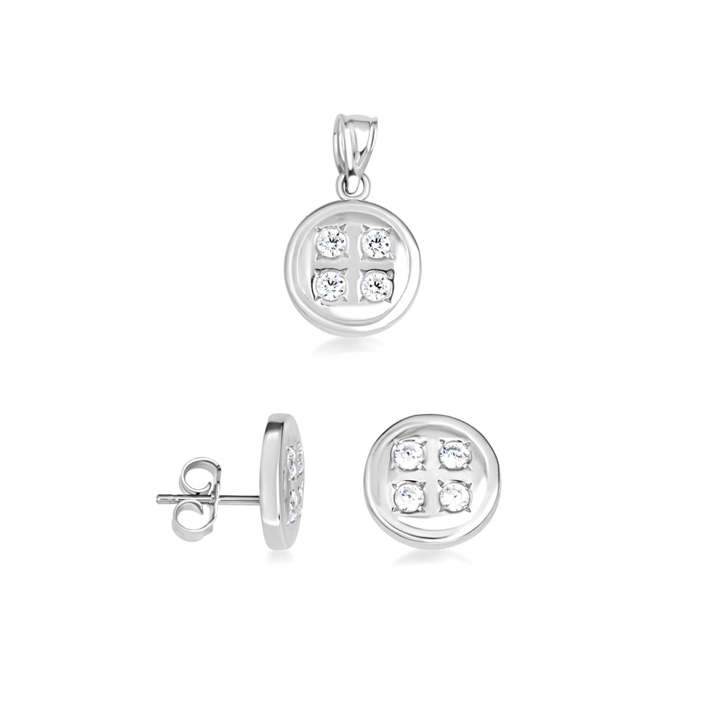Sterling Silver Button Stud Earrings Pendant Necklace Set