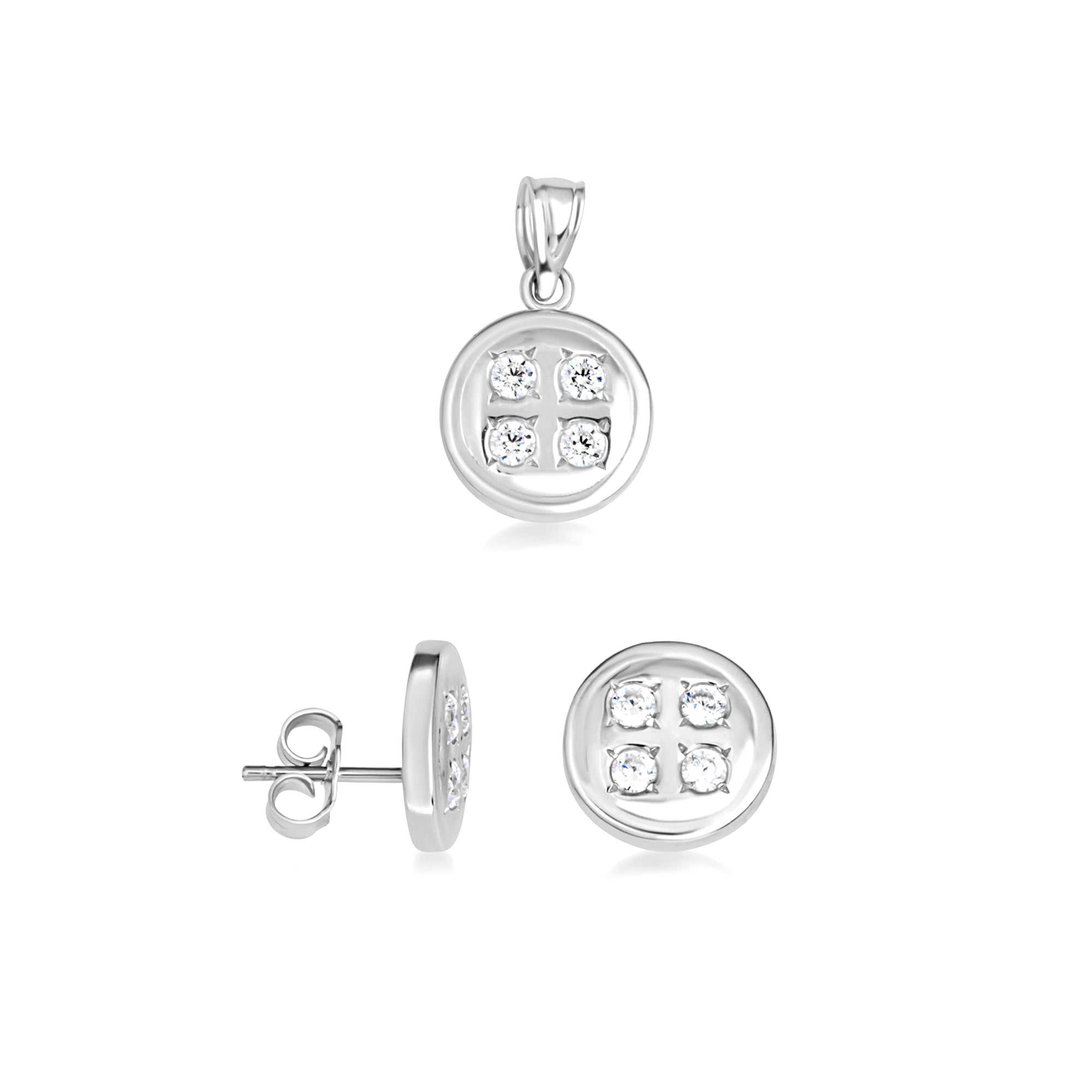Sterling Silver Button Stud Earrings Pendant Necklace Set