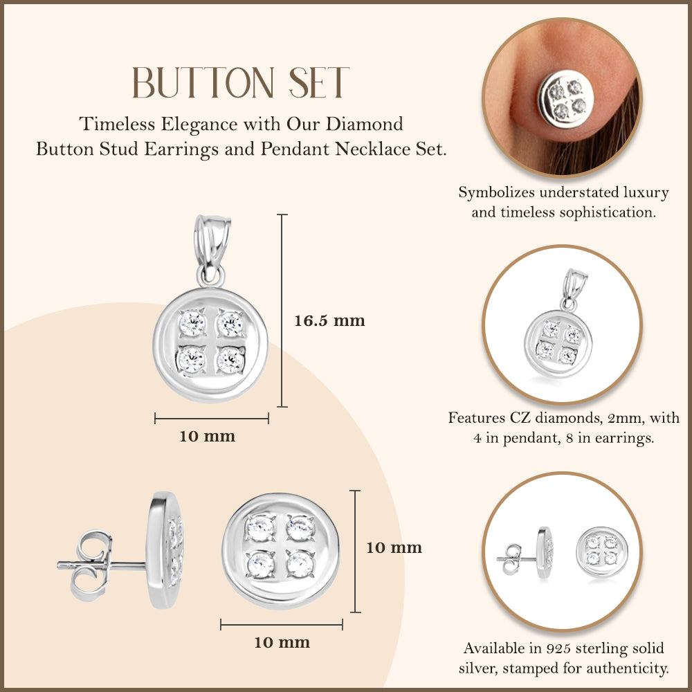 Sterling Silver Button Stud Earrings Pendant Necklace Set, view 4