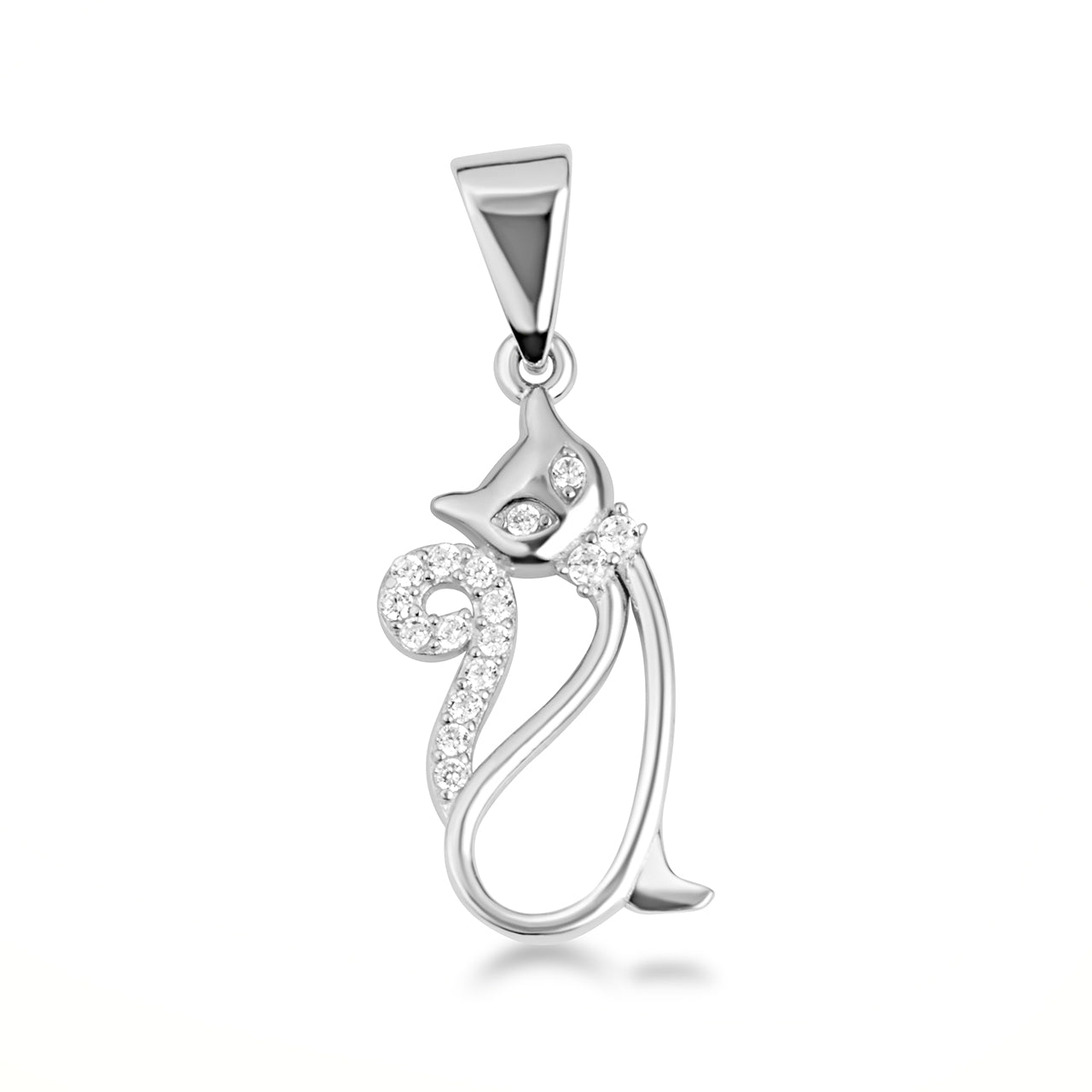 Sterling Silver Cat Silhouette Studded Pendant Necklace