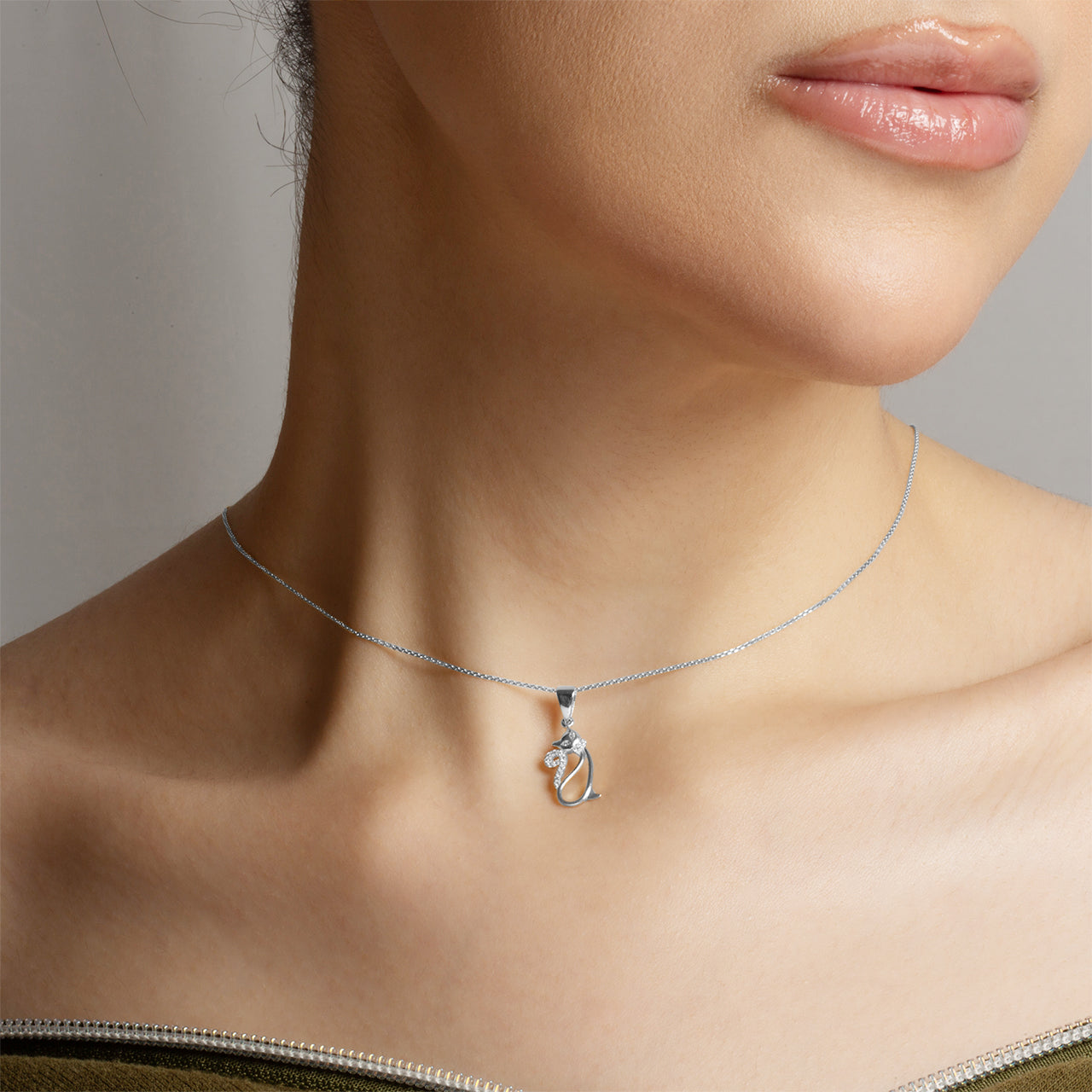 Sterling Silver Cat Silhouette Studded Pendant Necklace, view 2