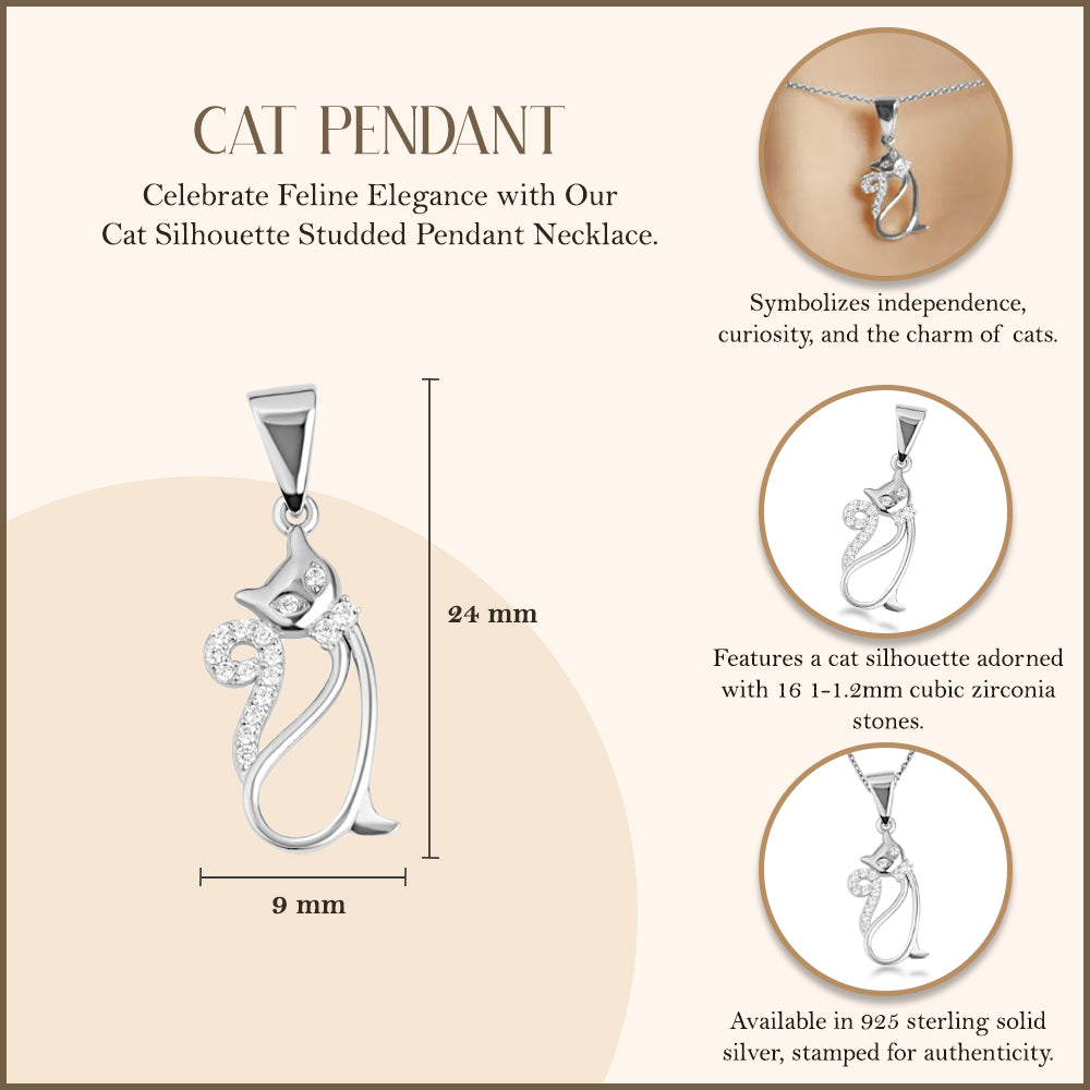 Sterling Silver Cat Silhouette Studded Pendant Necklace, view 3