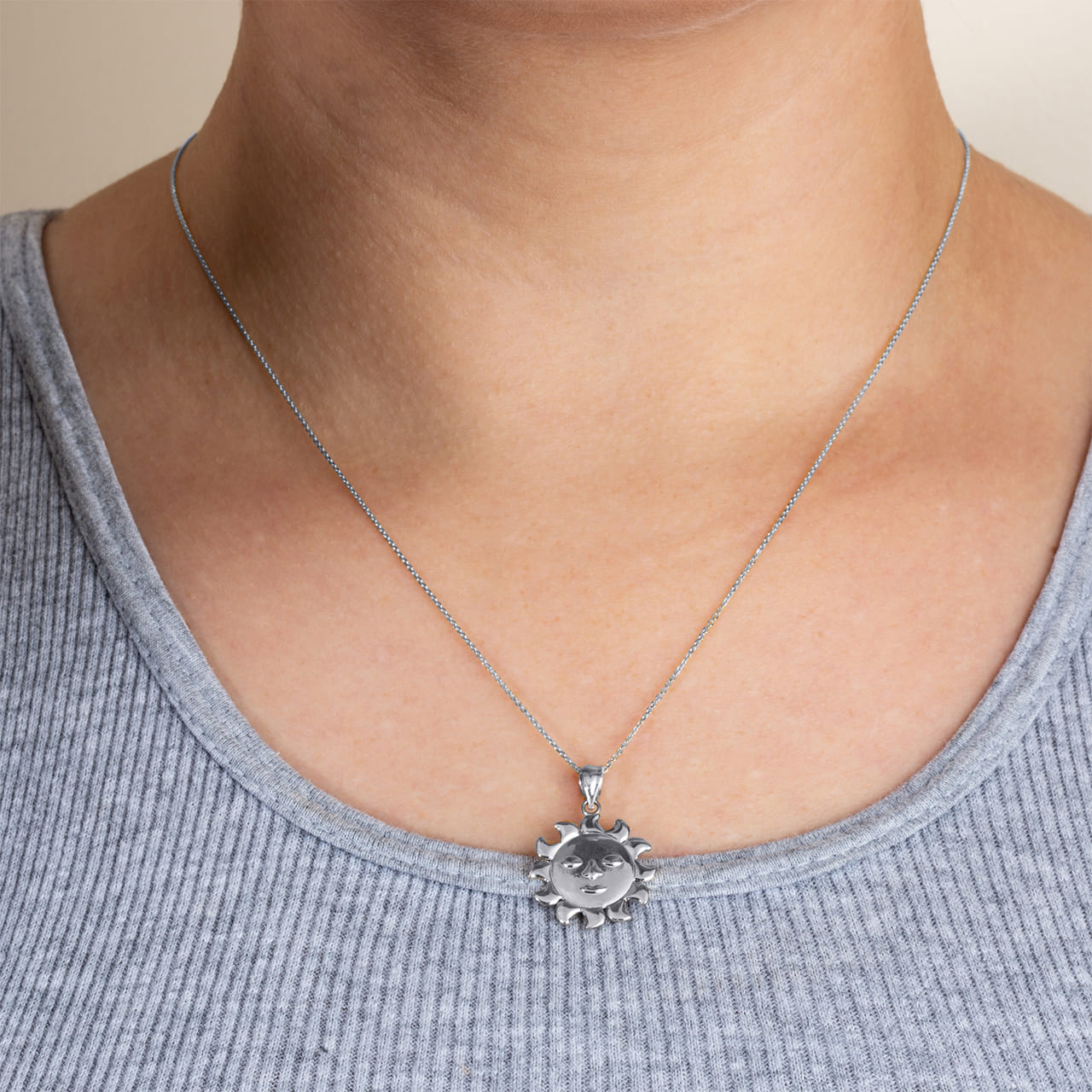 Sterling Silver Celestial Sun Face Pendant Necklace, view 2