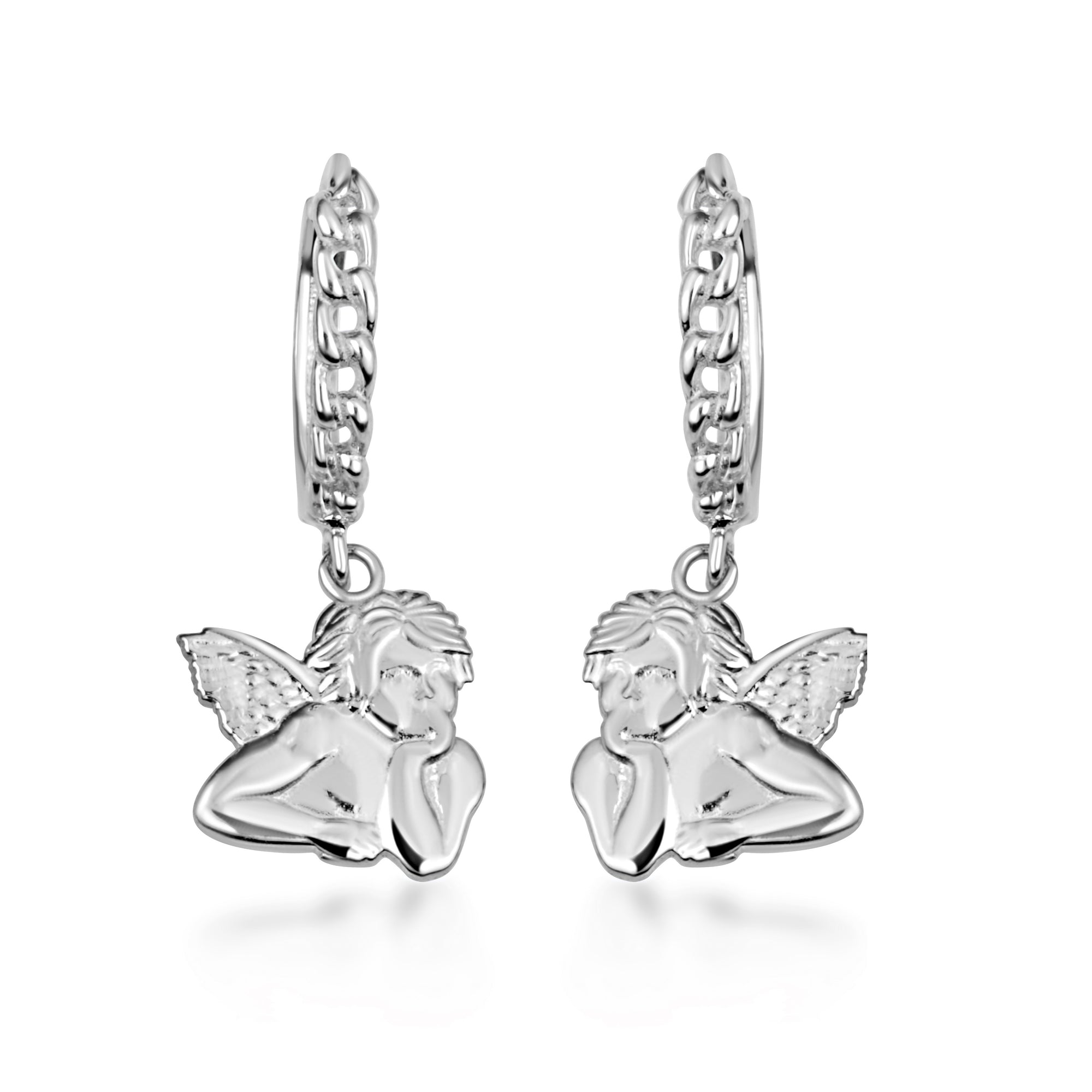 Sterling Silver Cherub Angel Cuban Link Huggie Hoop Earrings