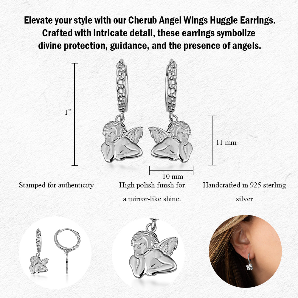 Sterling Silver Cherub Angel Cuban Link Huggie Hoop Earrings, view 3