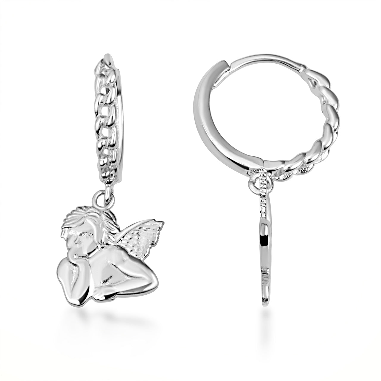 Sterling Silver Cherub Angel Cuban Link Huggie Hoop Earrings, view 5