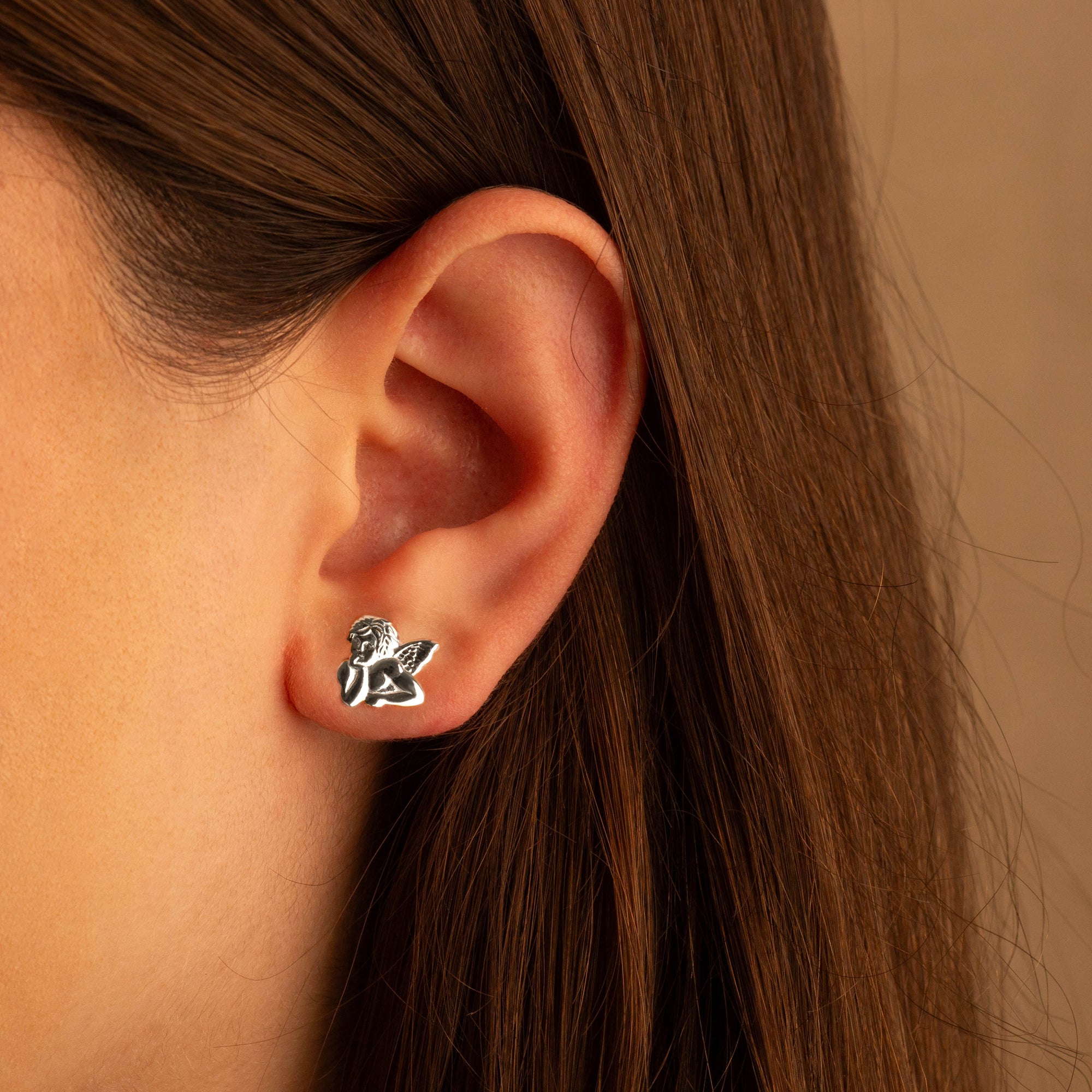 Sterling Silver Cherub Angel Stud Earrings, view 2