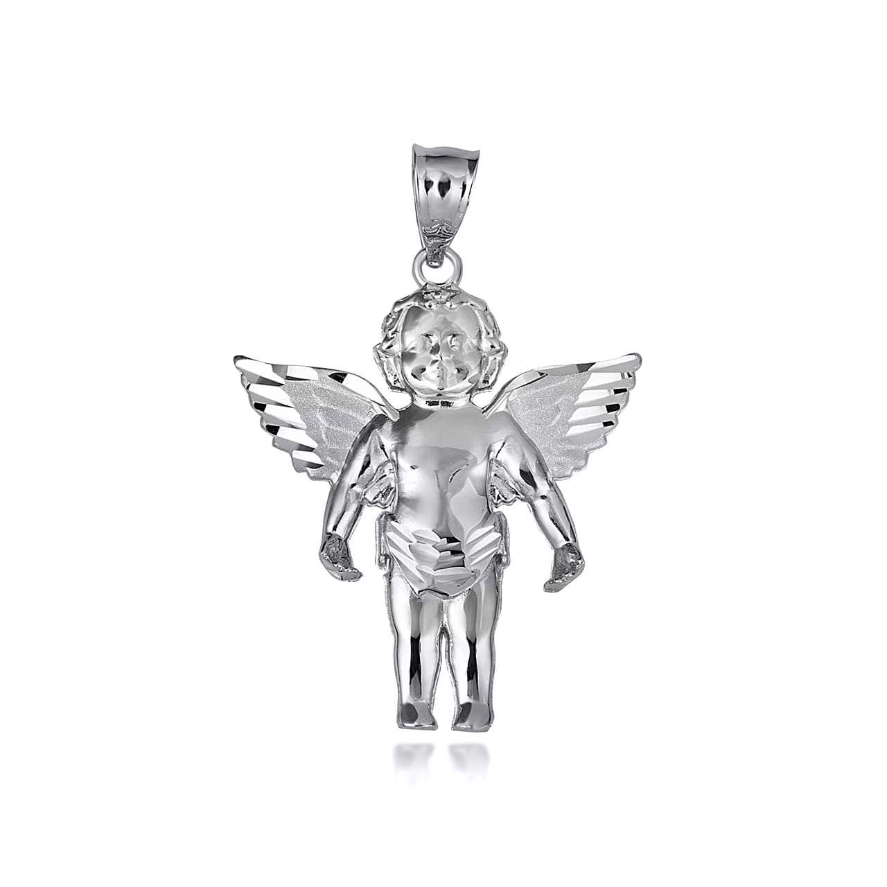 Sterling Silver Cherub Angel Wings Diamond Cut Pendant Necklace