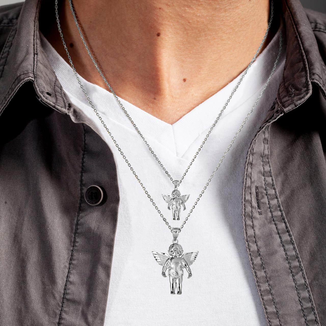 Sterling Silver Cherub Angel Wings Diamond Cut Pendant Necklace, view 2
