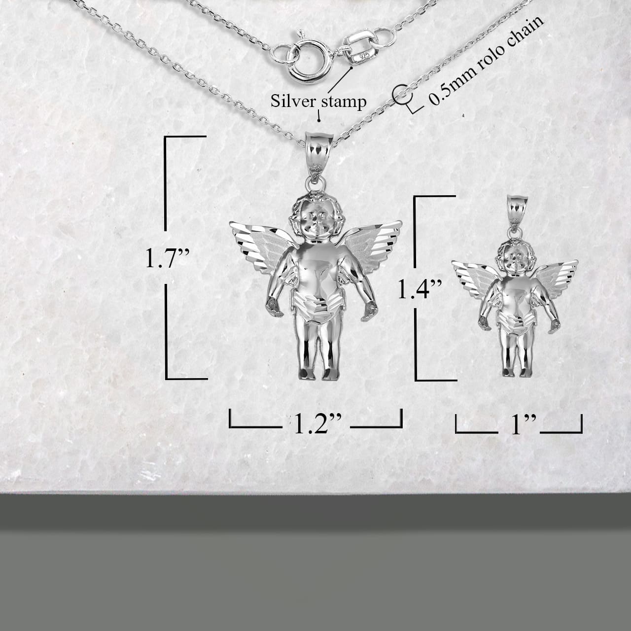 Sterling Silver Cherub Angel Wings Diamond Cut Pendant Necklace, view 3