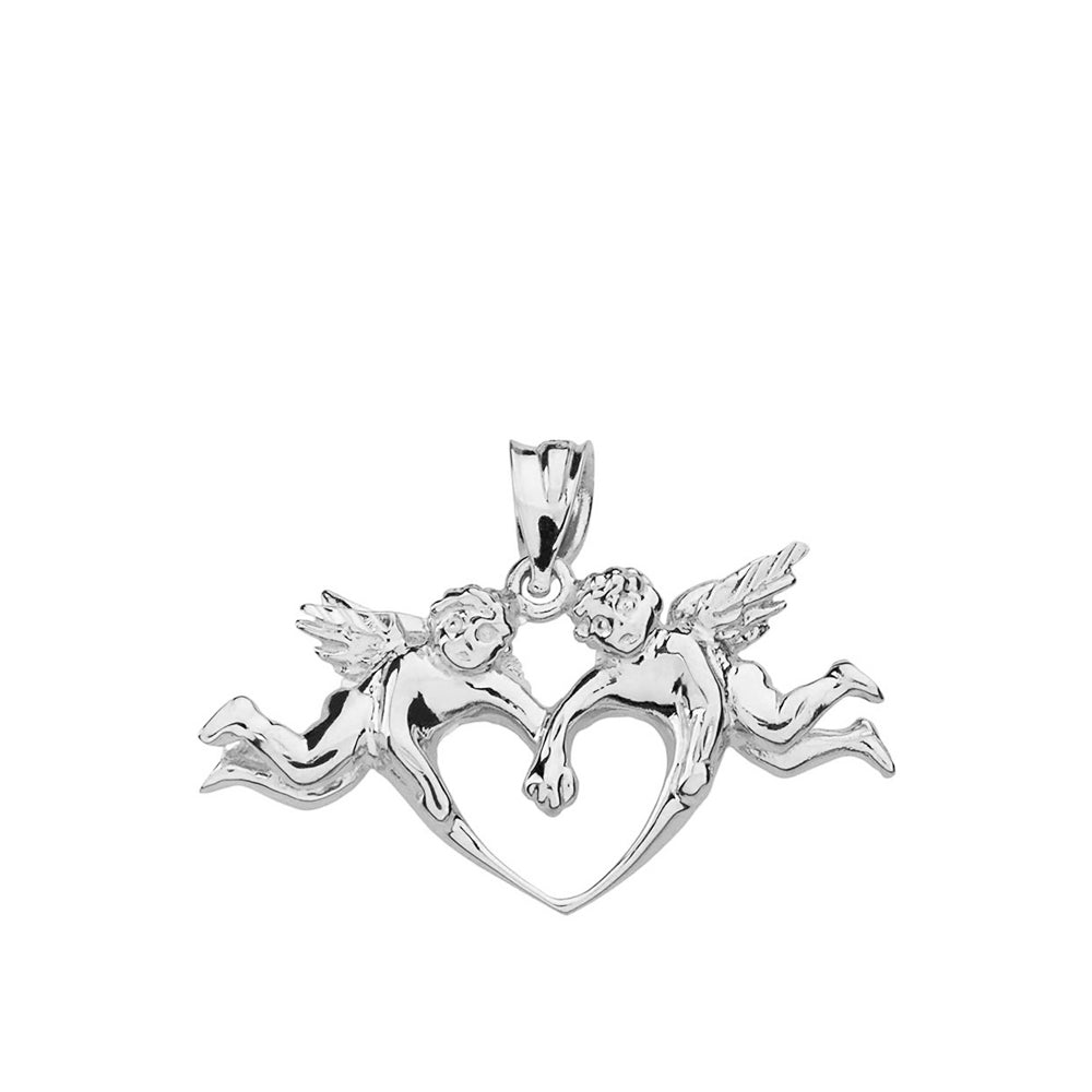 Sterling Silver Cherub Angels Love Heart Pendant Necklace, view 2