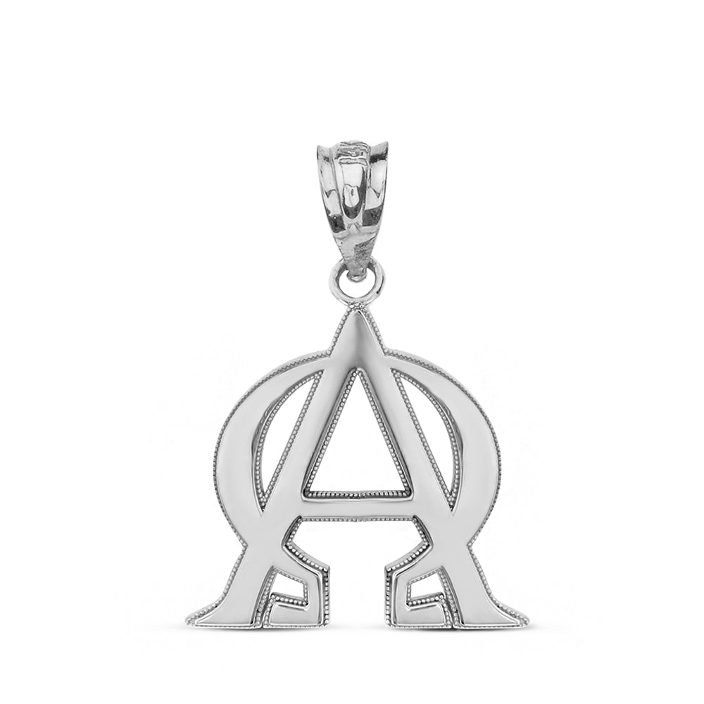 Sterling Silver Christian Alpha and Omega Symbol Milgrain Pendant Necklace, view 2