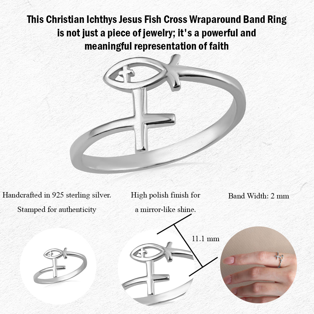 Sterling Silver Christian Ichthys Jesus Fish Cross Wraparound Band Ring, view 3