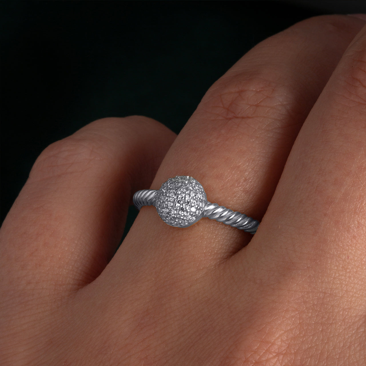 Sterling Silver Circle CZ Rope Twisted Band Ring, view 2