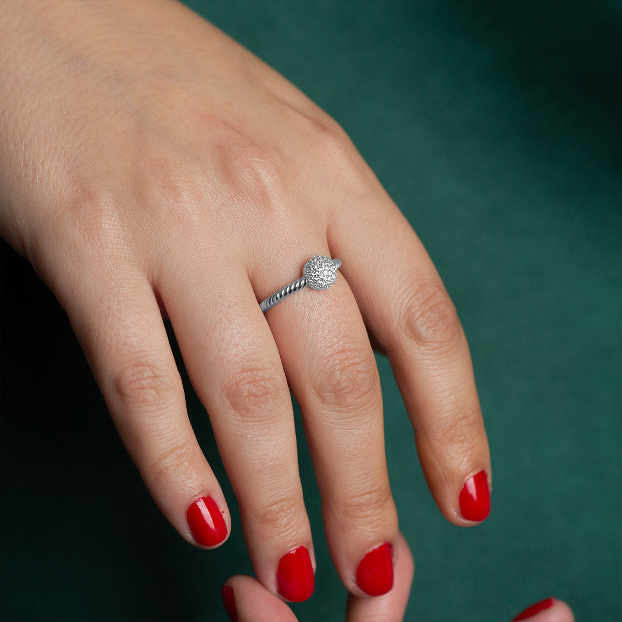 Sterling Silver Circle CZ Rope Twisted Band Ring, view 3
