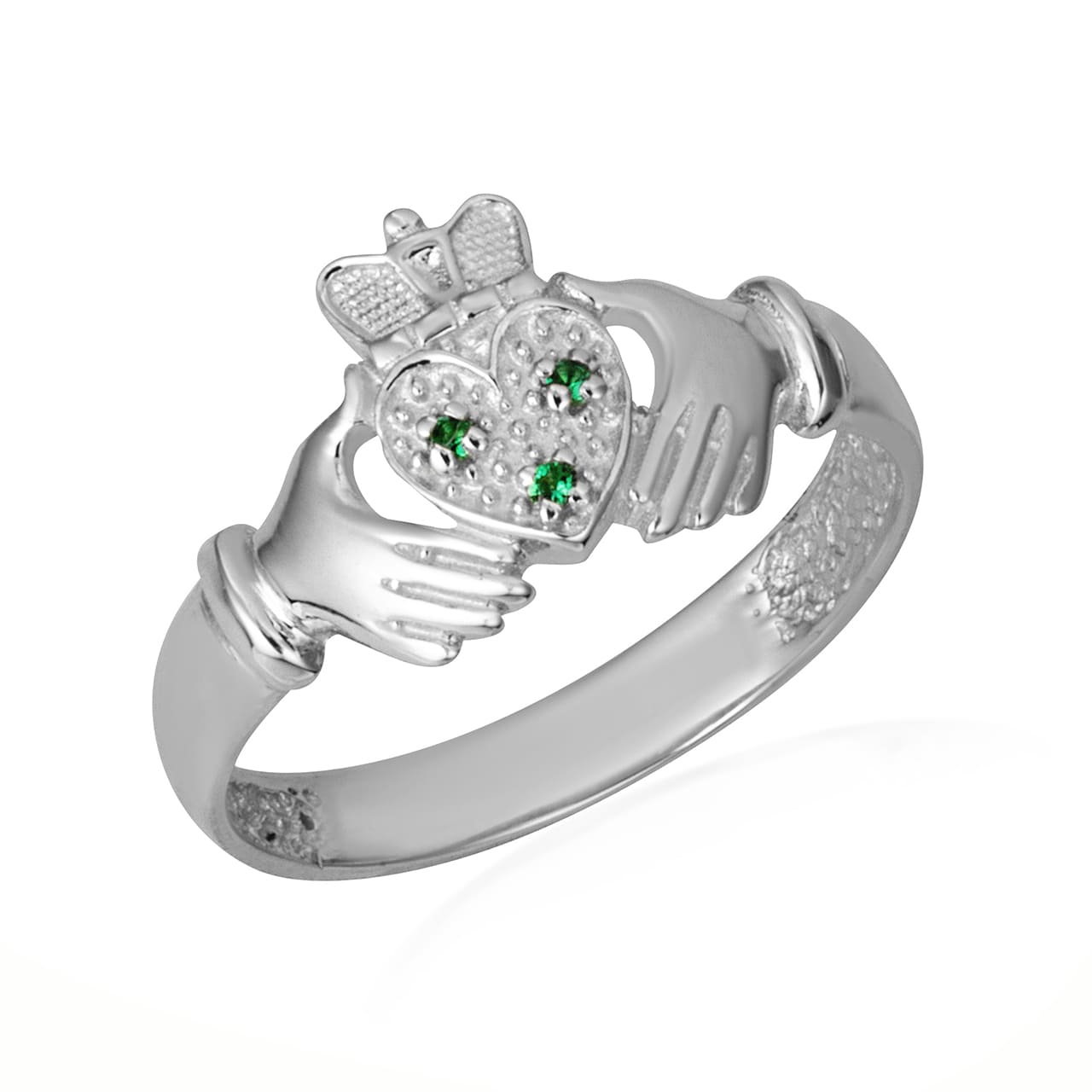 Sterling Silver Claddagh Heart Crown Emerald Birthstone Ring