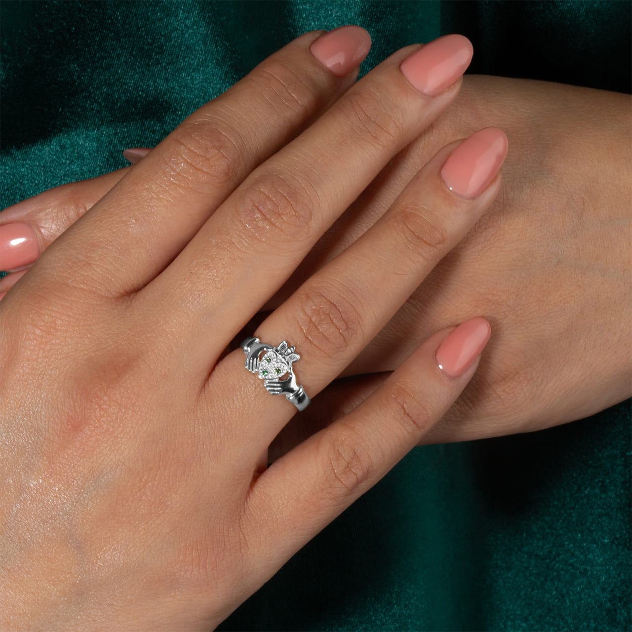 Sterling Silver Claddagh Heart Crown Emerald Birthstone Ring, view 2