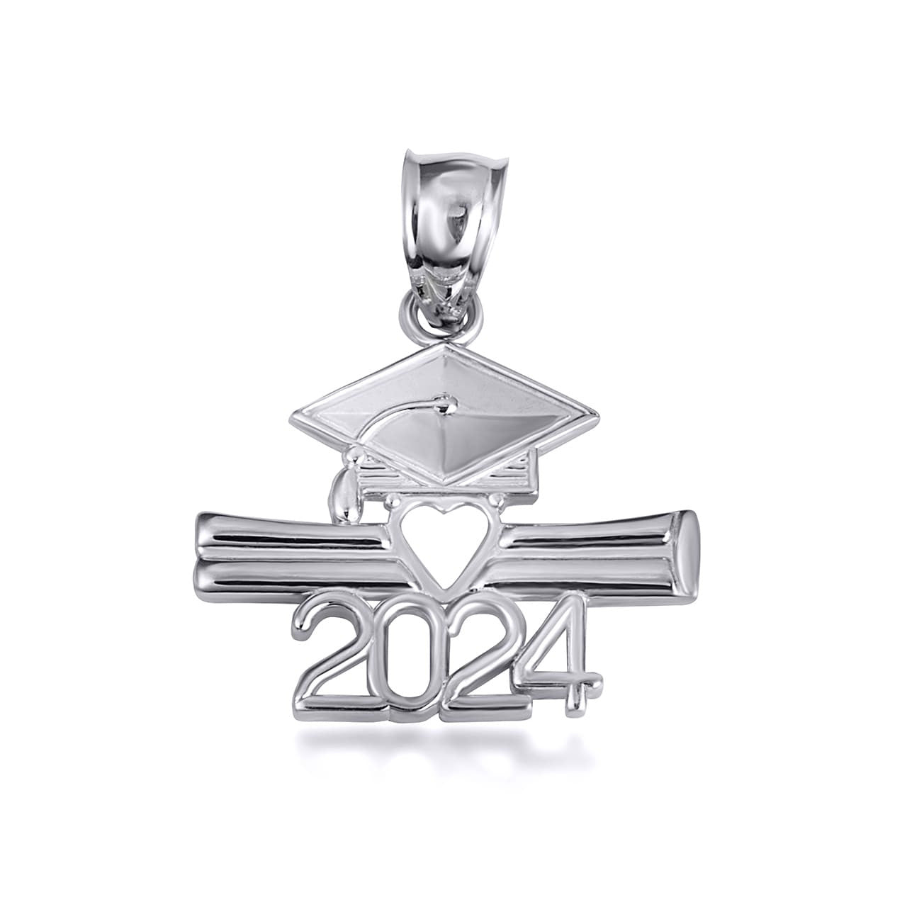 Sterling Silver Class Of 2024 Graduation Cap & Diploma Heart Pendant Necklace