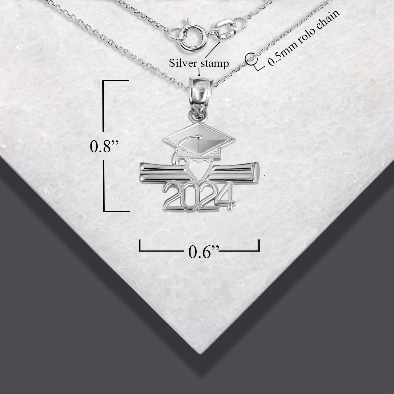 Sterling Silver Class Of 2024 Graduation Cap & Diploma Heart Pendant Necklace, view 4