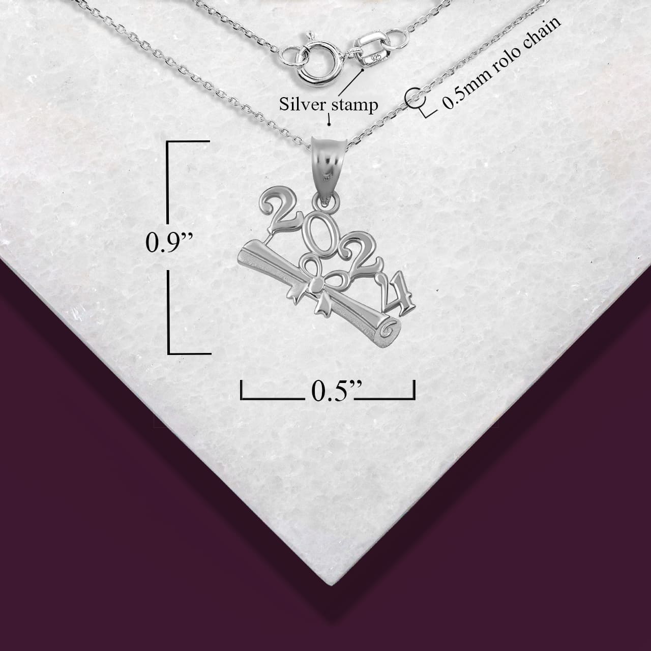 Sterling Silver Class Of 2024 to 2027 Graduation Diploma Ribbon Pendant Necklace, view 4