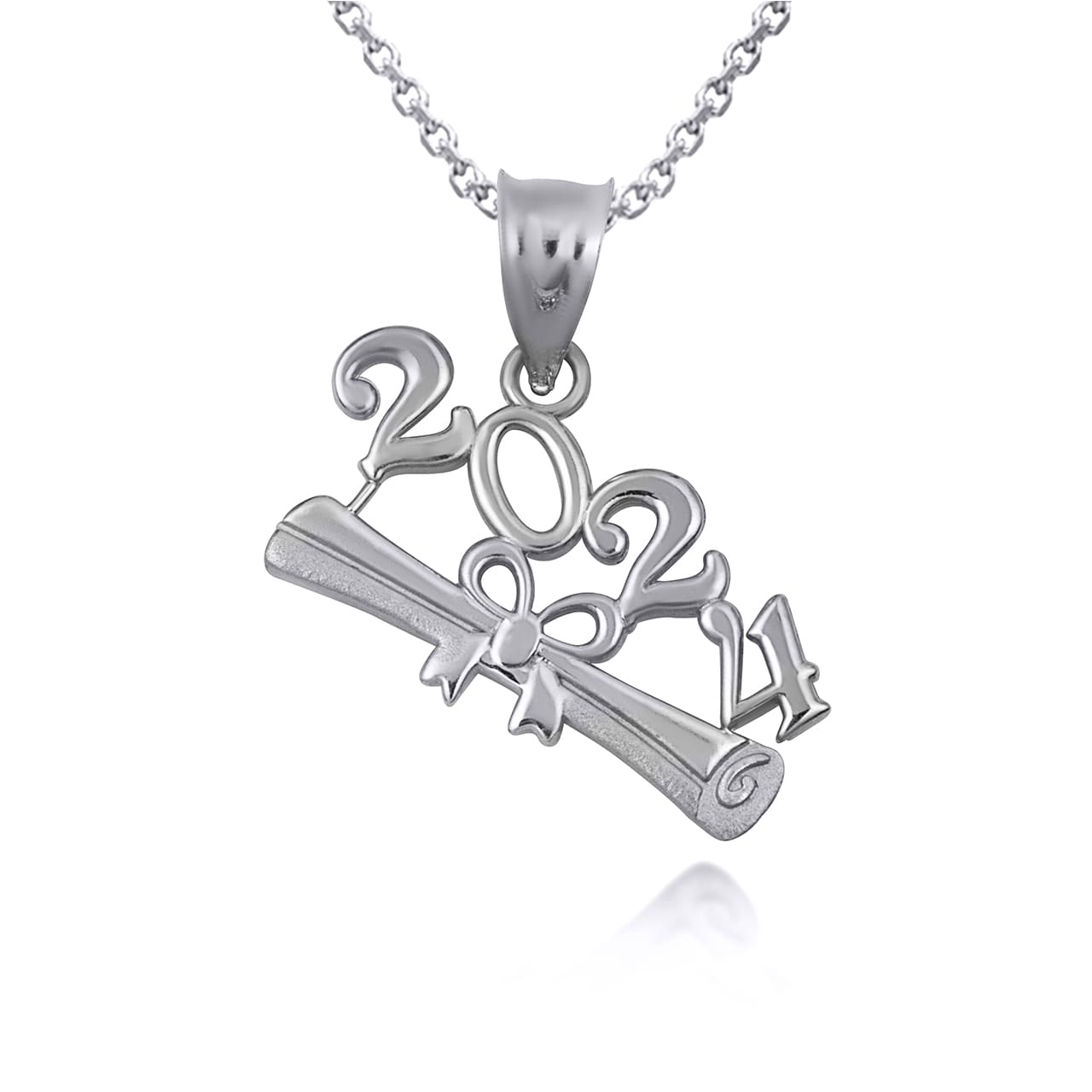 Sterling Silver Class Of 2024 to 2027 Graduation Diploma Ribbon Pendant Necklace, view 5