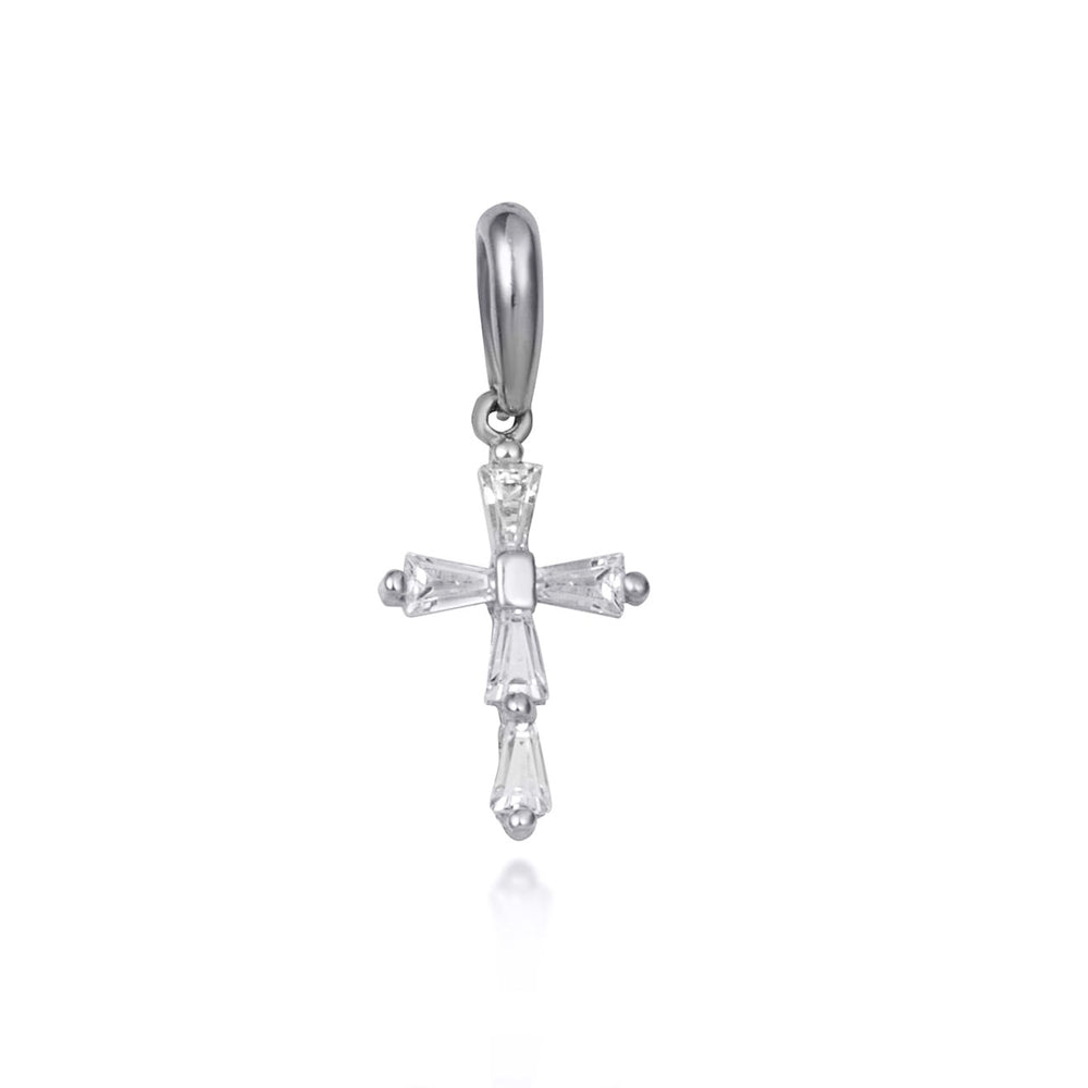 Sterling Silver Clear Tapered Baguette Cross Pendant Necklace