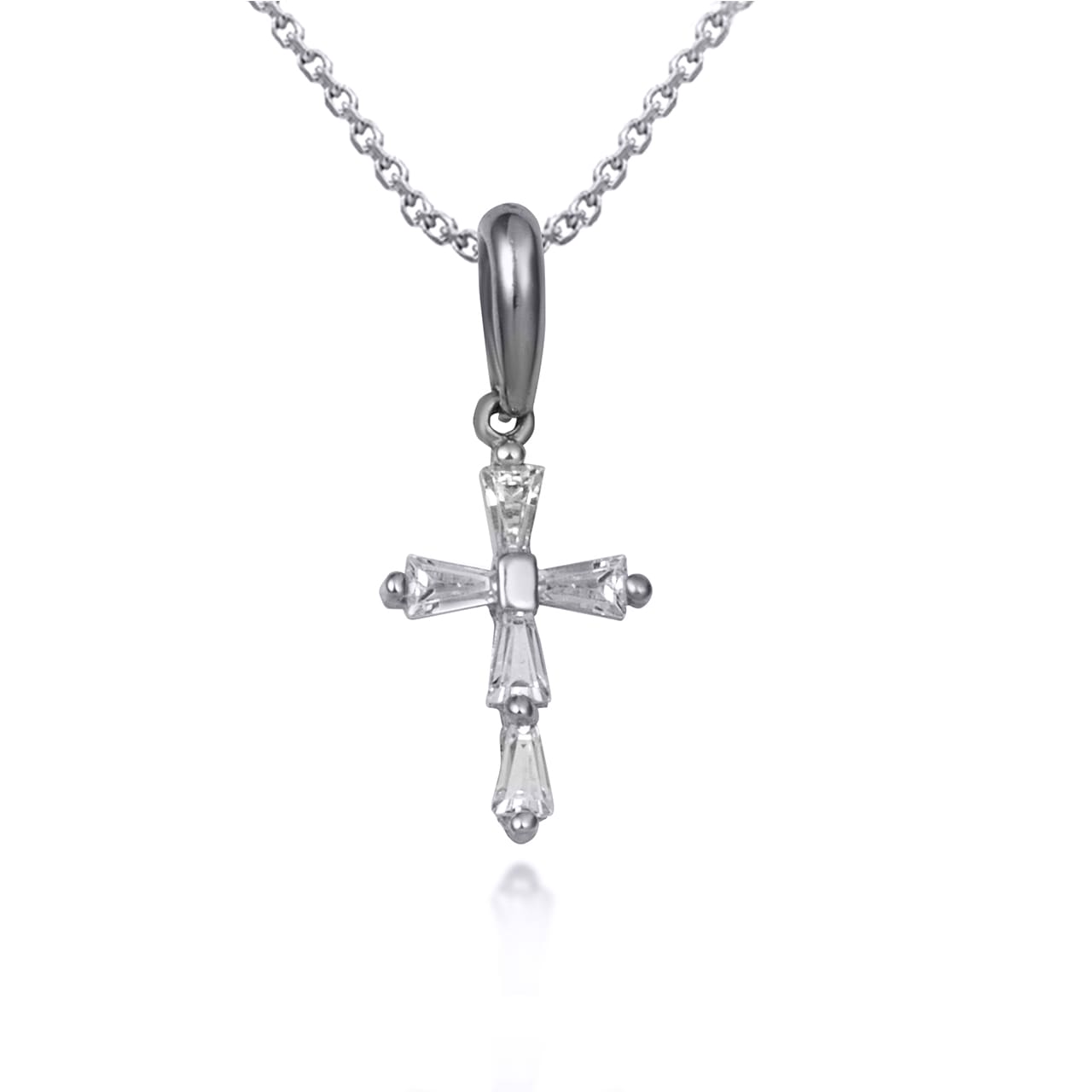Sterling Silver Clear Tapered Baguette Cross Pendant Necklace, view 3