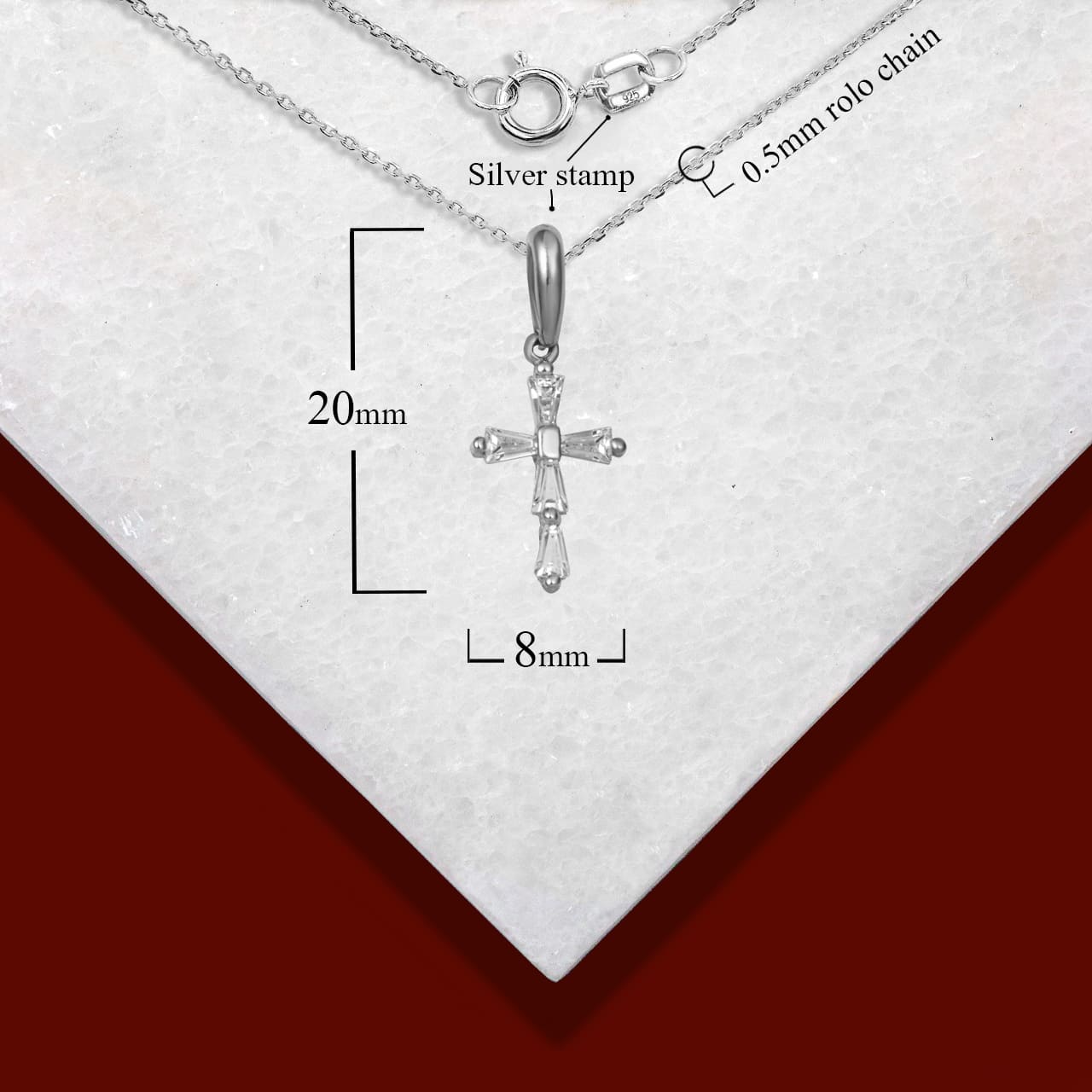 Sterling Silver Clear Tapered Baguette Cross Pendant Necklace, view 4