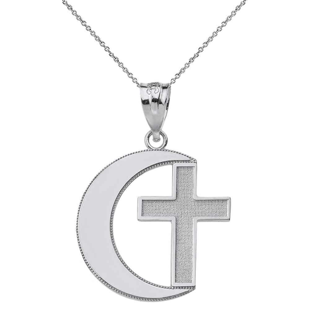 Sterling Silver Crescent Moon and Cross Pendant Necklace