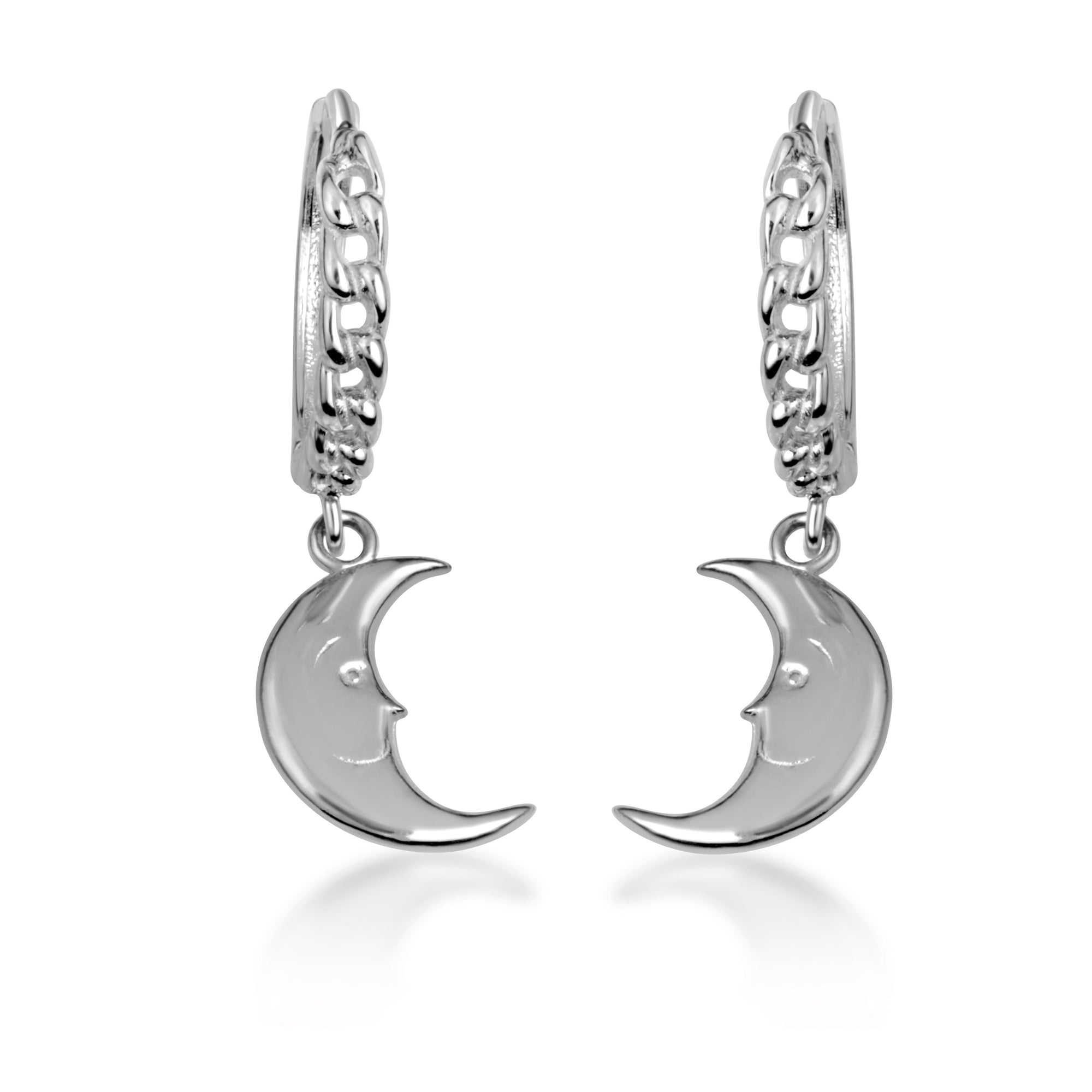 Sterling Silver Crescent Moon Face Cuban Link Huggie Hoop Earrings