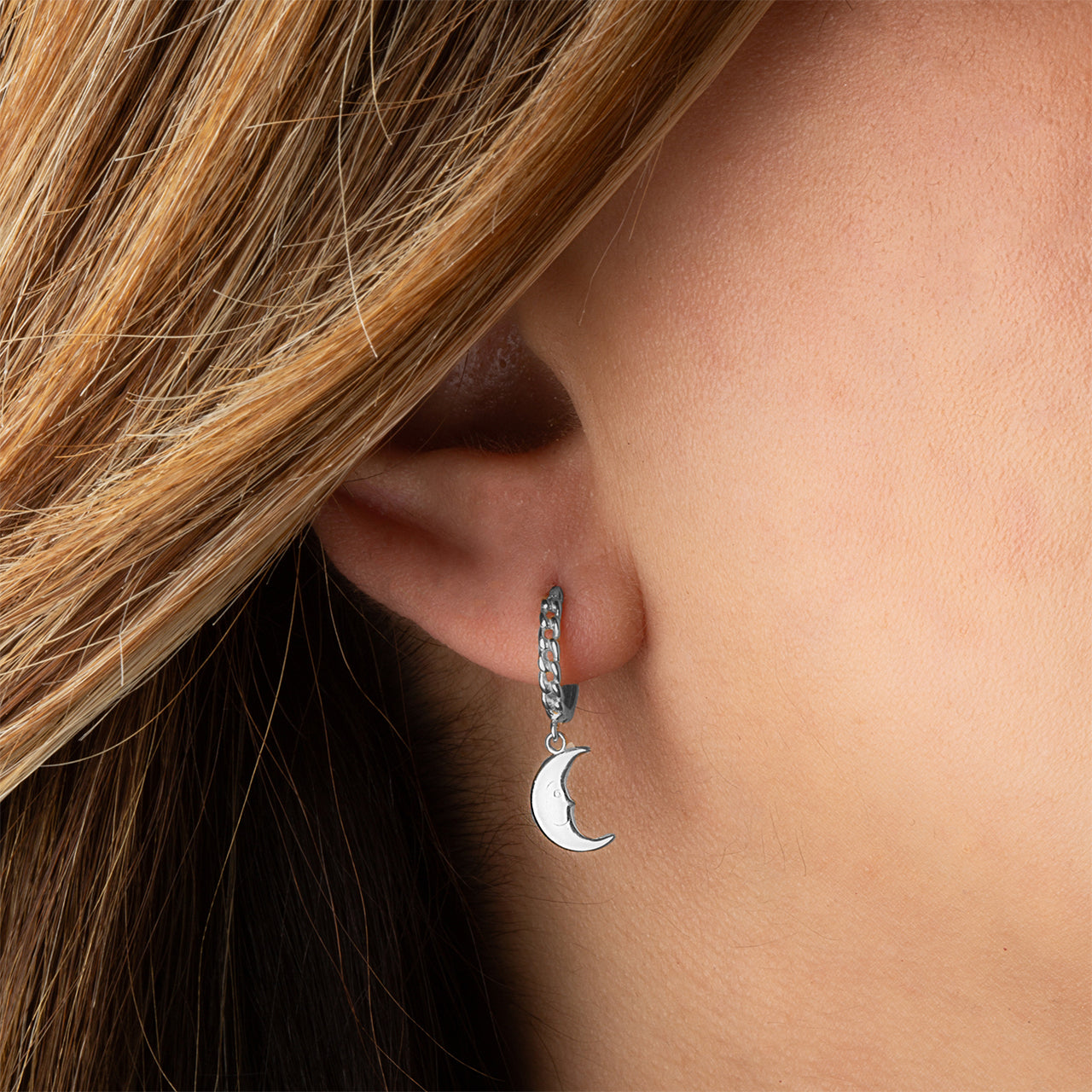 Sterling Silver Crescent Moon Face Cuban Link Huggie Hoop Earrings, view 2