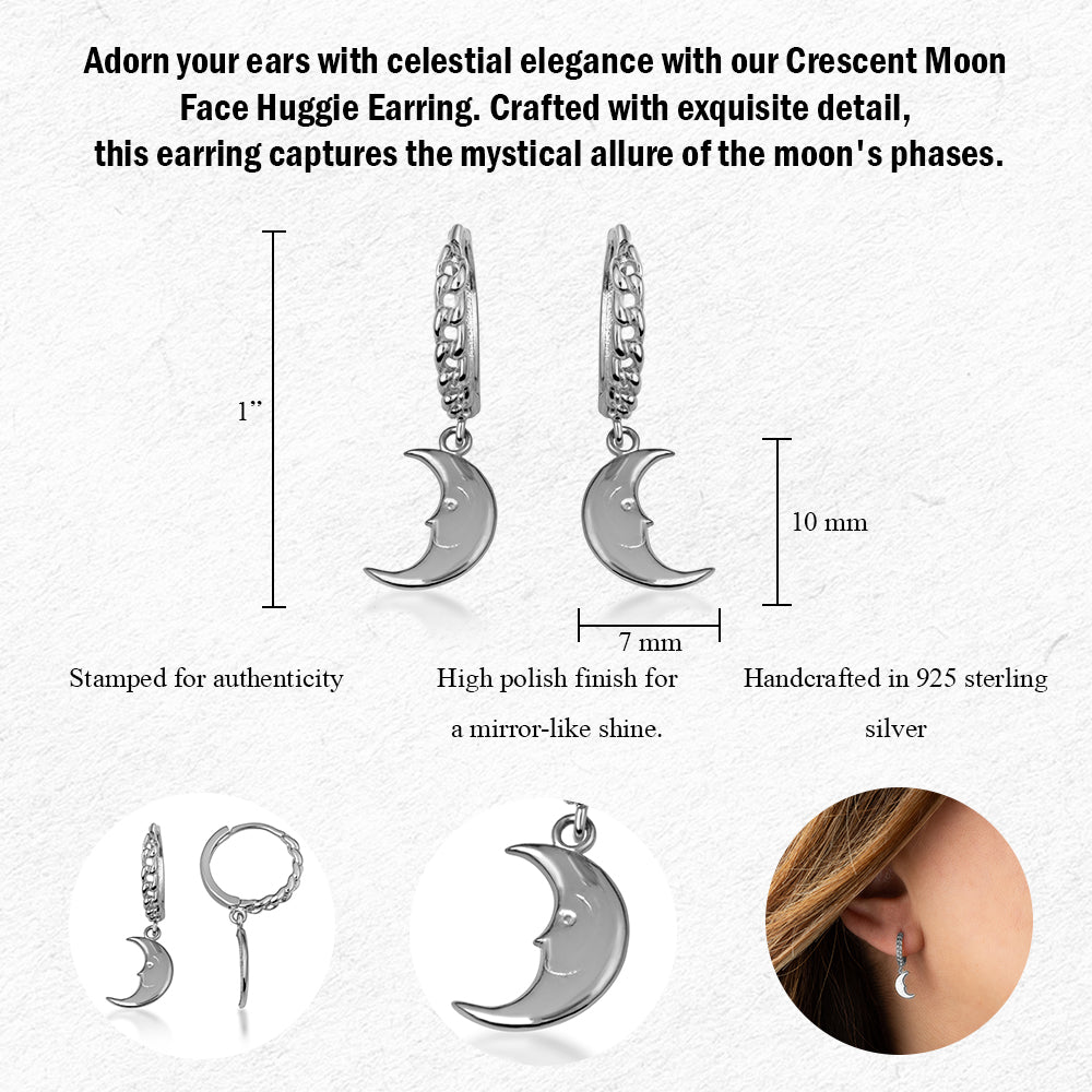 Sterling Silver Crescent Moon Face Cuban Link Huggie Hoop Earrings, view 3