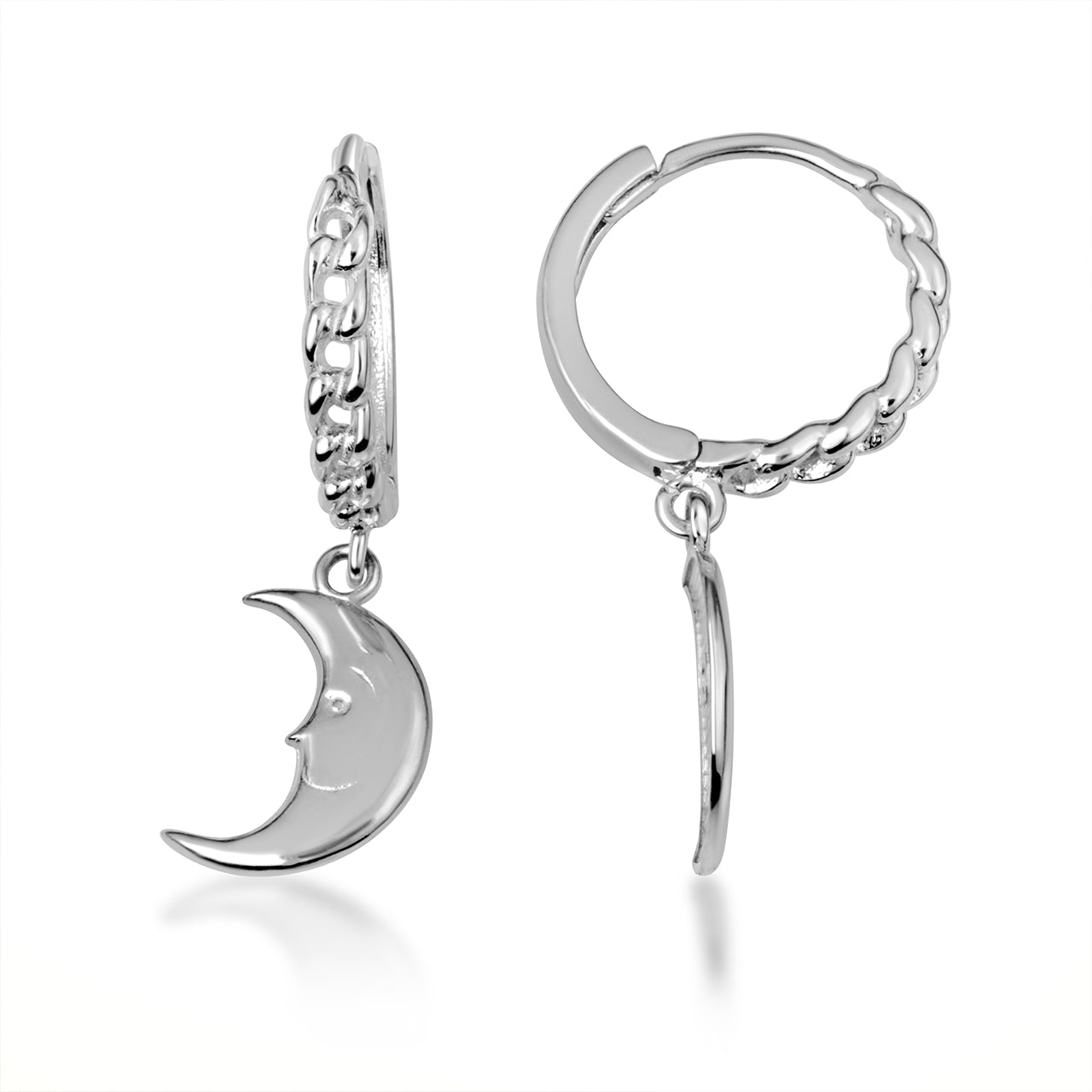 Sterling Silver Crescent Moon Face Cuban Link Huggie Hoop Earrings, view 4
