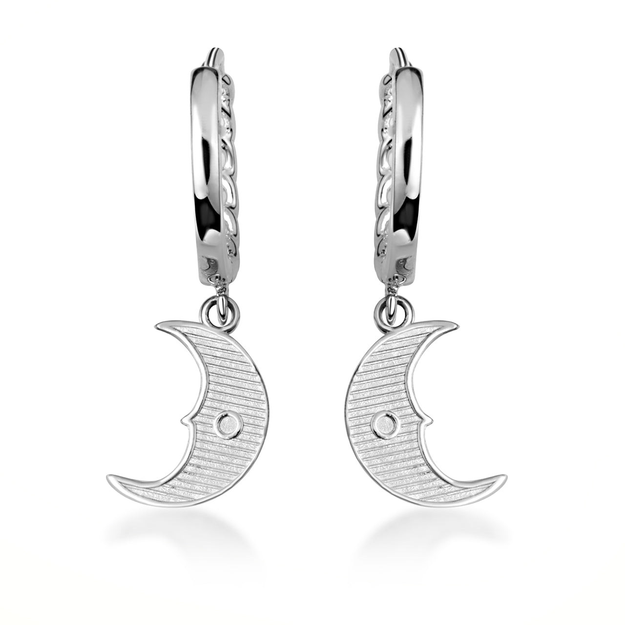 Sterling Silver Crescent Moon Face Cuban Link Huggie Hoop Earrings, view 5