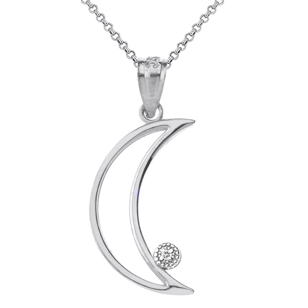 Sterling Silver Crescent Moon Outline CZ Pendant Necklace