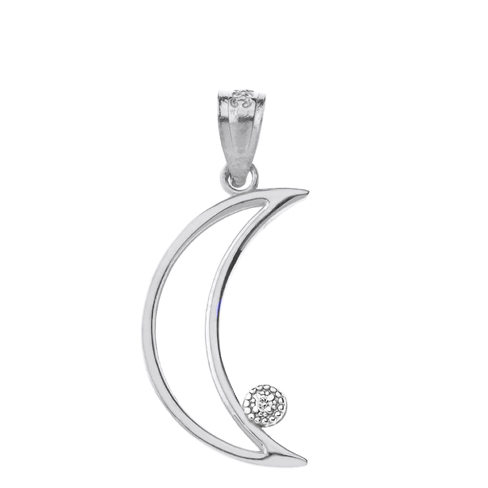 Sterling Silver Crescent Moon Outline CZ Pendant Necklace, view 2